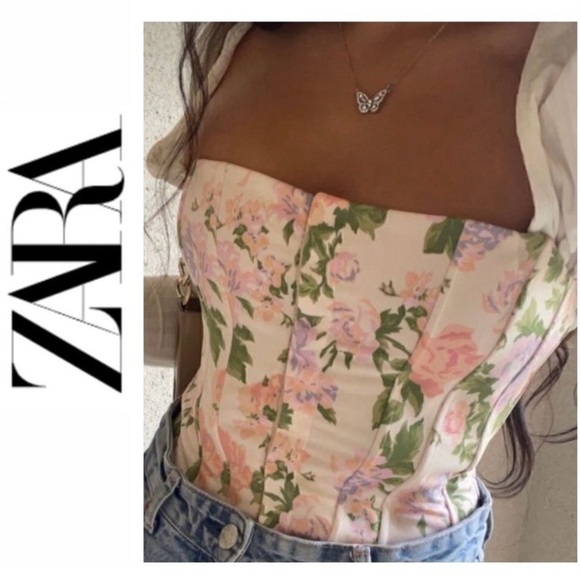 Zara Tops - Zara Pastel‎ Floral Corset Strapless Top Sz Small Blogger Favorite Cottage Fairy